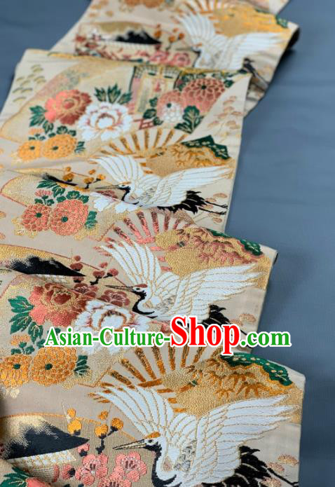 Asian Japanese Traditional Crane Plum Pattern Design Beige Brocade Fabric Silk Fabric Tapestry Satin Asian Japanese Traditional Crane Plum Pattern Design Beige Brocade Fabric Silk Fabric Tapestry Satin