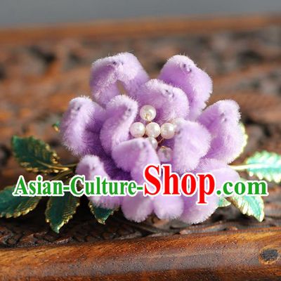 Traditional Chinese Handmade Lilac Velvet Chrysanthemum Hair Comb Headdress Ancient Hanfu Hair Accessories for Women