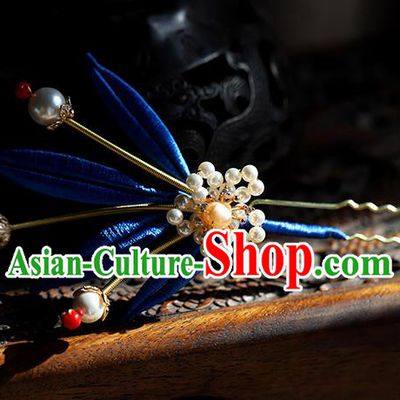 Traditional Chinese Handmade Royalblue Leaf Hairpin Headdress Ancient Hanfu Hair Accessories for Women