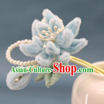 Traditional Chinese Handmade Blue Velvet Lotus Hairpin Headdress Ancient Hanfu Hair Accessories for Women