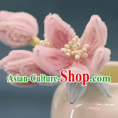 Traditional Chinese Handmade Pink Velvet Plum Hairpin Headdress Ancient Hanfu Hair Accessories for Women