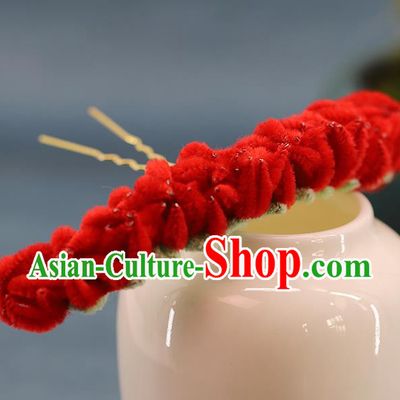 Traditional Chinese Handmade Red Velvet Flowers Hairpin Headdress Ancient Hanfu Hair Accessories for Women