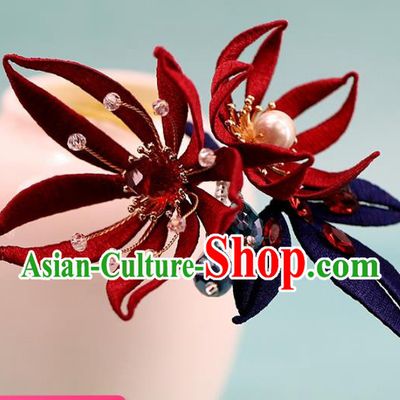 Traditional Chinese Handmade Red Flowers Hairpin Headdress Ancient Hanfu Hair Accessories for Women