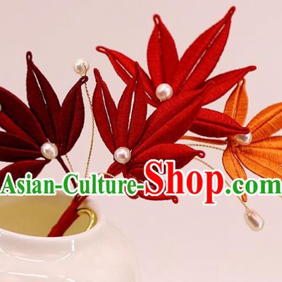 Traditional Chinese Handmade Red Maple Leaf Hairpin Headdress Ancient Hanfu Hair Accessories for Women