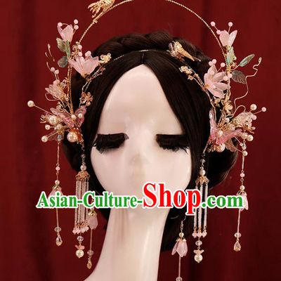 Traditional Chinese Wedding Pink Flowers Crane Hair Crown Headdress Ancient Queen Hair Accessories for Women