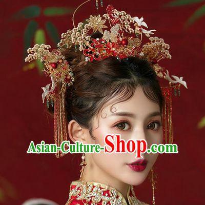 Traditional Chinese Wedding Cloisonne Red Hair Crown Tassel Hairpins Headdress Ancient Bride Hair Accessories for Women