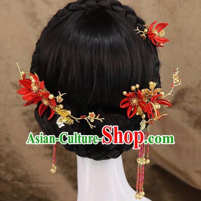 Traditional Chinese Wedding Red Flowers Hair Combs Tassel Hairpins Headdress Ancient Bride Hair Accessories for Women