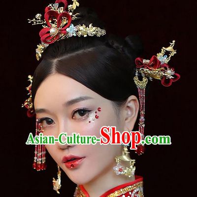 Traditional Chinese Wedding Hair Crown Red Flower Hairpins Headdress Ancient Bride Hair Accessories for Women