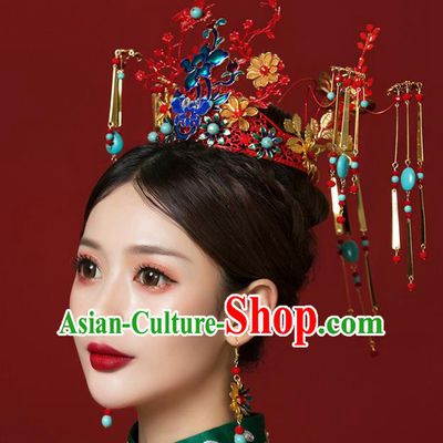 Traditional Chinese Wedding Cloisonne Red Phoenix Coronet Hairpins Headdress Ancient Bride Hair Accessories for Women