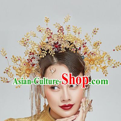 Traditional Chinese Wedding Golden Hair Crown Tassel Hairpins Headdress Ancient Bride Hair Accessories for Women