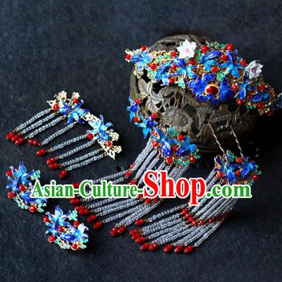 Traditional Chinese Wedding Cloisonne Hair Comb Tassel Hairpins Headdress Ancient Bride Hair Accessories for Women
