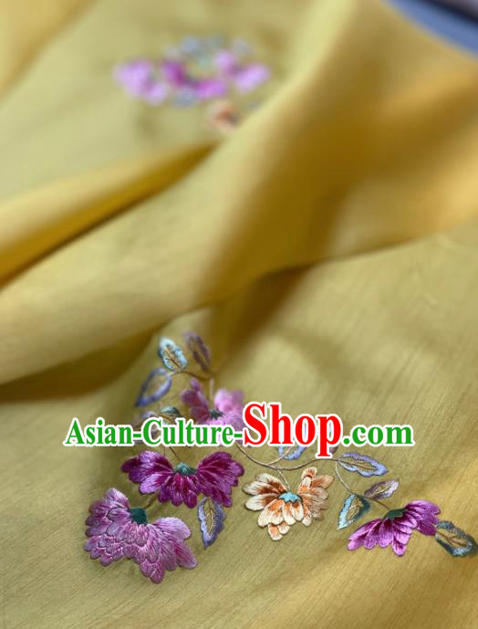Chinese Traditional Embroidered Chrysanthemum Pattern Design Yellow Silk Fabric Asian Hanfu Material Chinese Traditional Embroidered Chrysanthemum Pattern Design Yellow Silk Fabric Asian Hanfu Material
