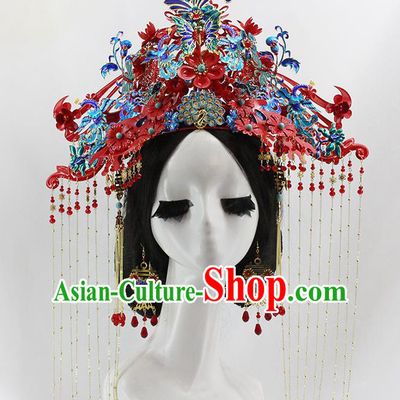 Traditional Chinese Opera Cloisonne Red Phoenix Coronet Hairpins Headdress Ancient Wedding Hair Accessories for Women