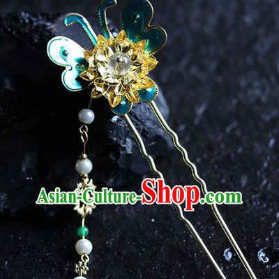 Traditional Chinese Handmade Blue Butterfly Tassel Hairpins Headdress Ancient Hanfu Hair Accessories for Women