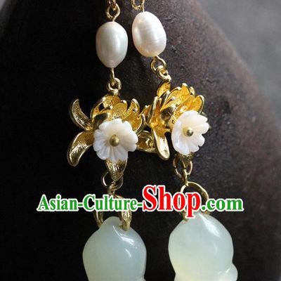 Traditional Chinese Handmade Jade Magnolia Earrings Ancient Hanfu Ear Accessories for Women