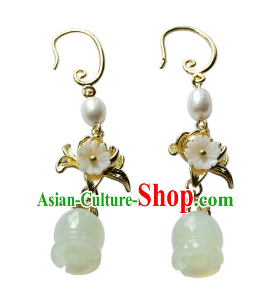 Traditional Chinese Handmade Jade Magnolia Earrings Ancient Hanfu Ear Accessories for Women Traditional Chinese Handmade Jade Magnolia Earrings Ancient Hanfu Ear Accessories for Women