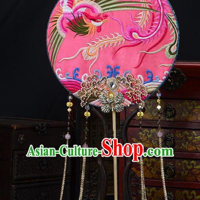Traditional Chinese Handmade Pink Phoenix Round Fans Ancient Hanfu Wedding Palace Fan for Women