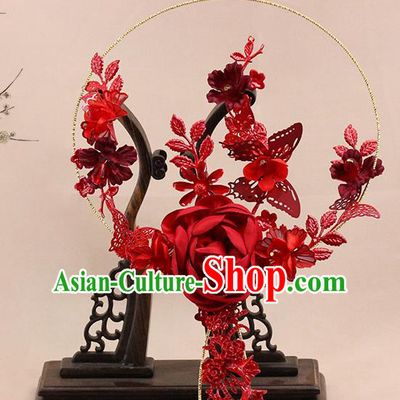 Traditional Chinese Handmade Red Rose Round Fans Ancient Hanfu Wedding Palace Fan for Women