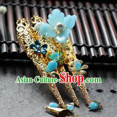Traditional Chinese Qing Dynasty Blue Flower Nail Wraps Ancient Court Queen Handmade Finger Accessories for Women