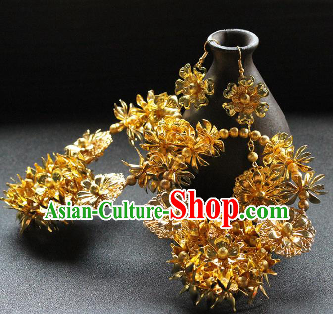 Traditional Chinese Handmade Golden Large Earrings Ancient Hanfu Ear Accessories for Women Traditional Chinese Handmade Golden Large Earrings Ancient Hanfu Ear Accessories for Women