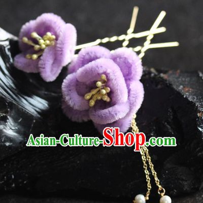 Traditional Chinese Purple Velvet Plum Tassel Hairpins Headdress Ancient Wedding Hair Accessories for Women