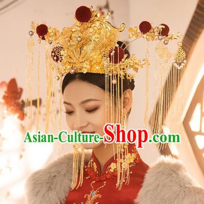 Traditional Chinese Golden Butterfly Phoenix Coronet Hairpins Headdress Ancient Wedding Hair Accessories for Women