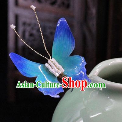 Traditional Chinese Handmade Blue Butterfly Hairpins Headdress Ancient Hanfu Hair Accessories for Women