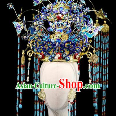 Traditional Chinese Cloisonne Butterfly Phoenix Coronet Hairpins Headdress Ancient Wedding Hair Accessories for Women