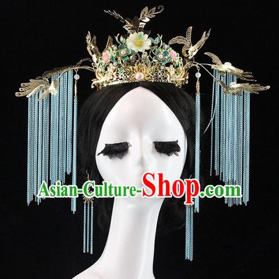 Traditional Chinese Wedding Deluxe Blue Tassel Phoenix Coronet Hairpins Headdress Ancient Hair Accessories for Women