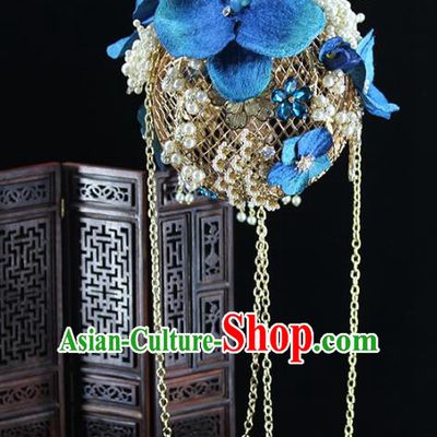 Traditional Chinese Blue Phalaenopsis Handbag Handmade Wedding Bag Accessories for Women