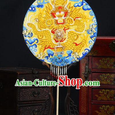 Traditional Chinese Handmade Golden Dragon Round Fans Ancient Hanfu Wedding Palace Fan for Women