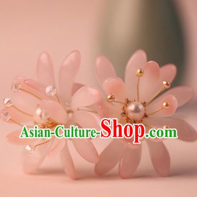 Traditional Chinese Handmade Pink Glass Flower Hairpin Headdress Ancient Hanfu Hair Accessories for Women