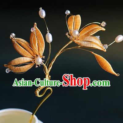 Traditional Chinese Handmade Golden Leaf Hairpin Headdress Ancient Hanfu Hair Accessories for Women