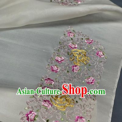 Asian Chinese Traditional Embroidered Peony Pattern Design White Silk Fabric Hanfu Material