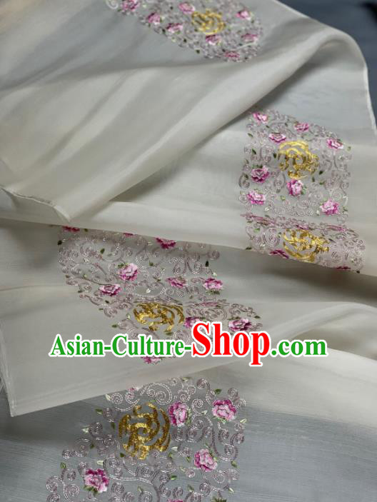Asian Chinese Traditional Embroidered Peony Pattern Design White Silk Fabric Hanfu Material Asian Chinese Traditional Embroidered Peony Pattern Design White Silk Fabric Hanfu Material