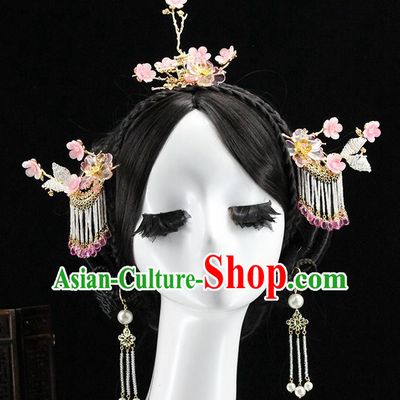 Traditional Chinese Wedding Pink Plum Hair Crown Hairpin Headdress Ancient Queen Hair Accessories for Women