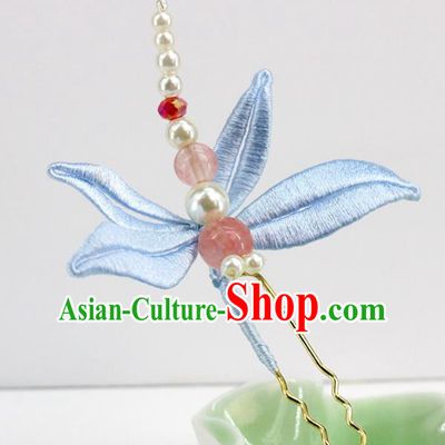 Traditional Chinese Handmade Blue Dragonfly Hairpin Headdress Ancient Hanfu Hair Accessories for Women