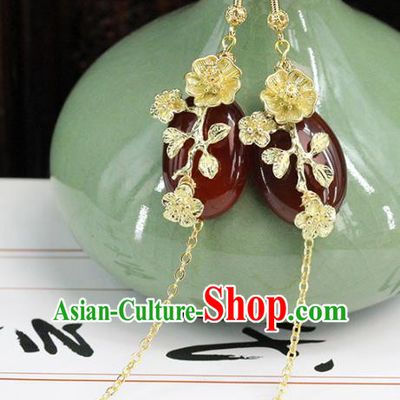 Traditional Chinese Handmade Brass Agate Earrings Ancient Hanfu Ear Accessories for Women