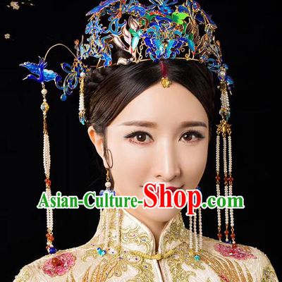 Traditional Chinese Bride Cloisonne Phoenix Coronet Headdress Ancient Wedding Hair Accessories for Women