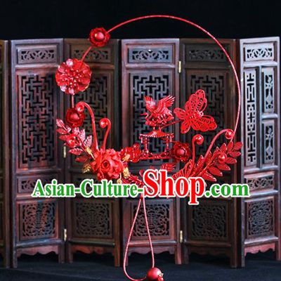 Traditional Chinese Classical Red Crane Fans Ancient Hanfu Wedding Palace Fan for Women