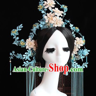 Traditional Chinese Bride Blue Phoenix Coronet Headdress Ancient Wedding Hair Accessories for Women