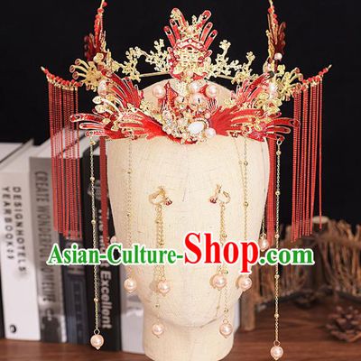 Traditional Chinese Bride Red Phoenix Coronet Headdress Ancient Wedding Hair Accessories for Women