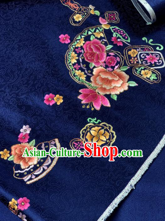 Chinese Traditional Classical Embroidered Peony Pattern Design Deep Blue Silk Fabric Asian Hanfu Material Chinese Traditional Classical Embroidered Peony Pattern Design Deep Blue Silk Fabric Asian Hanfu Material