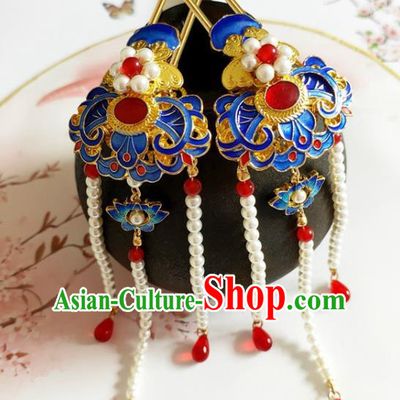 Traditional Chinese Pearls Tassel Cloisonne Hairpin Headdress Ancient Court Hair Accessories for Women