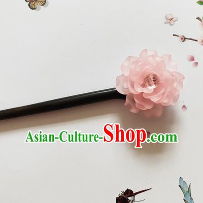 Traditional Chinese Pink Peony Ebony Hairpin Headdress Ancient Court Hair Accessories for Women