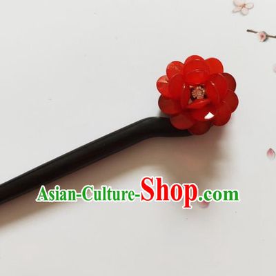 Traditional Chinese Red Peony Ebony Hairpin Headdress Ancient Court Hair Accessories for Women