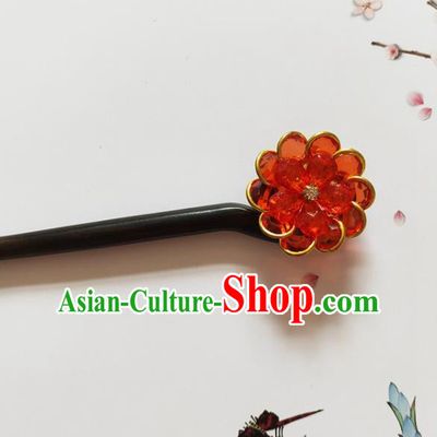 Traditional Chinese Red Crystal Peony Ebony Hairpin Headdress Ancient Court Hair Accessories for Women