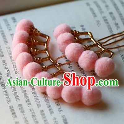 Traditional Chinese Ming Dynasty Pink Pompon Hairpins Headdress Ancient Court Hair Accessories for Women