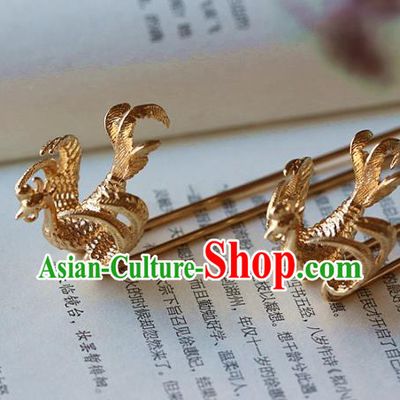 Traditional Chinese Ming Dynasty Golden Phoenix Hairpins Headdress Ancient Court Hair Accessories for Women