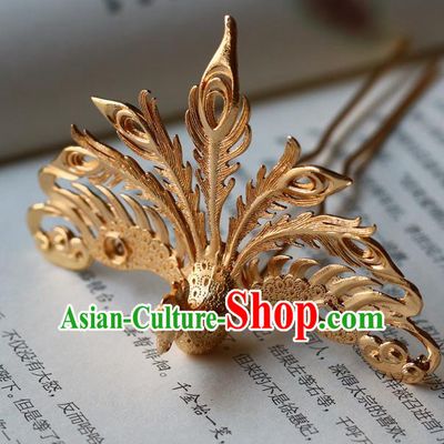 Traditional Chinese Tang Dynasty Golden Phoenix Hairpins Headdress Ancient Court Hair Accessories for Women